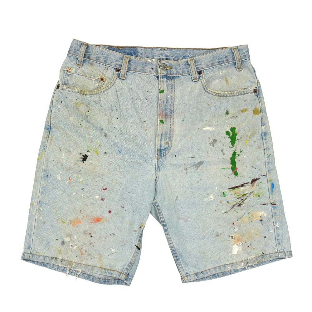Vintage Levis 505 Denim Shorts Men 36 Light Wash Paint Splatter Distressed Jorts